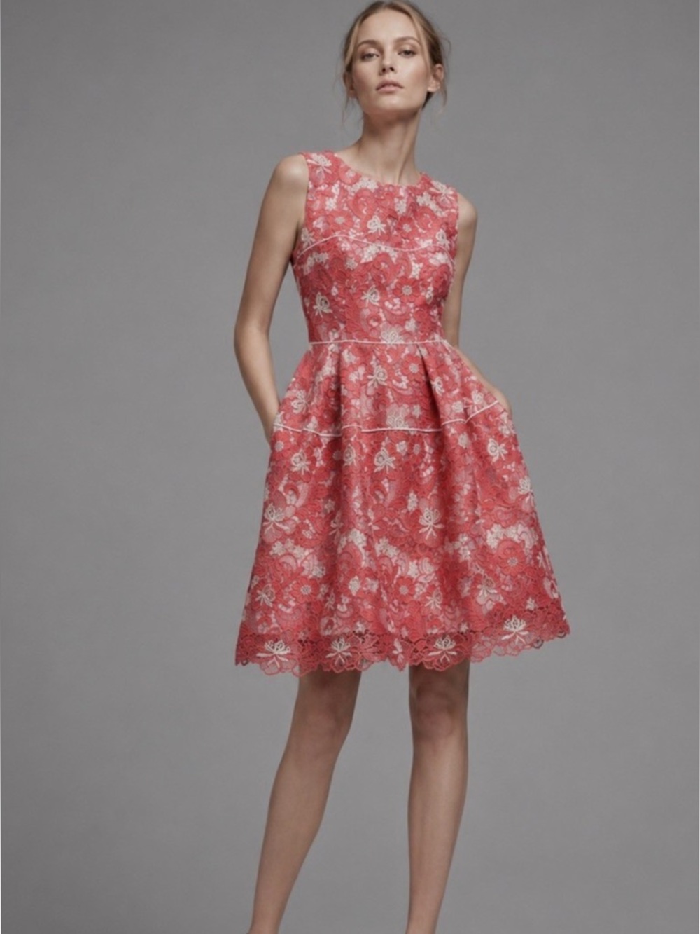 Talbot Runhof Coral & White Floral Lace Fit & Flare Designer Cocktail Dress Sz 8